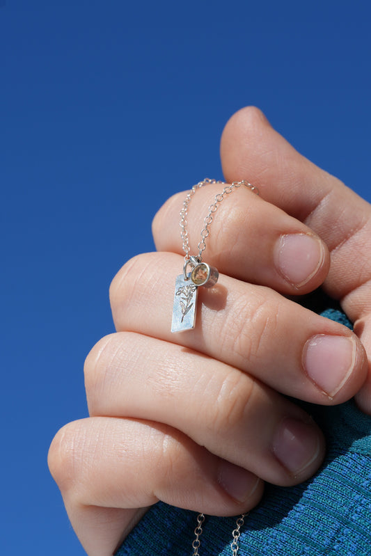 Hand holding a necklace with a blue background