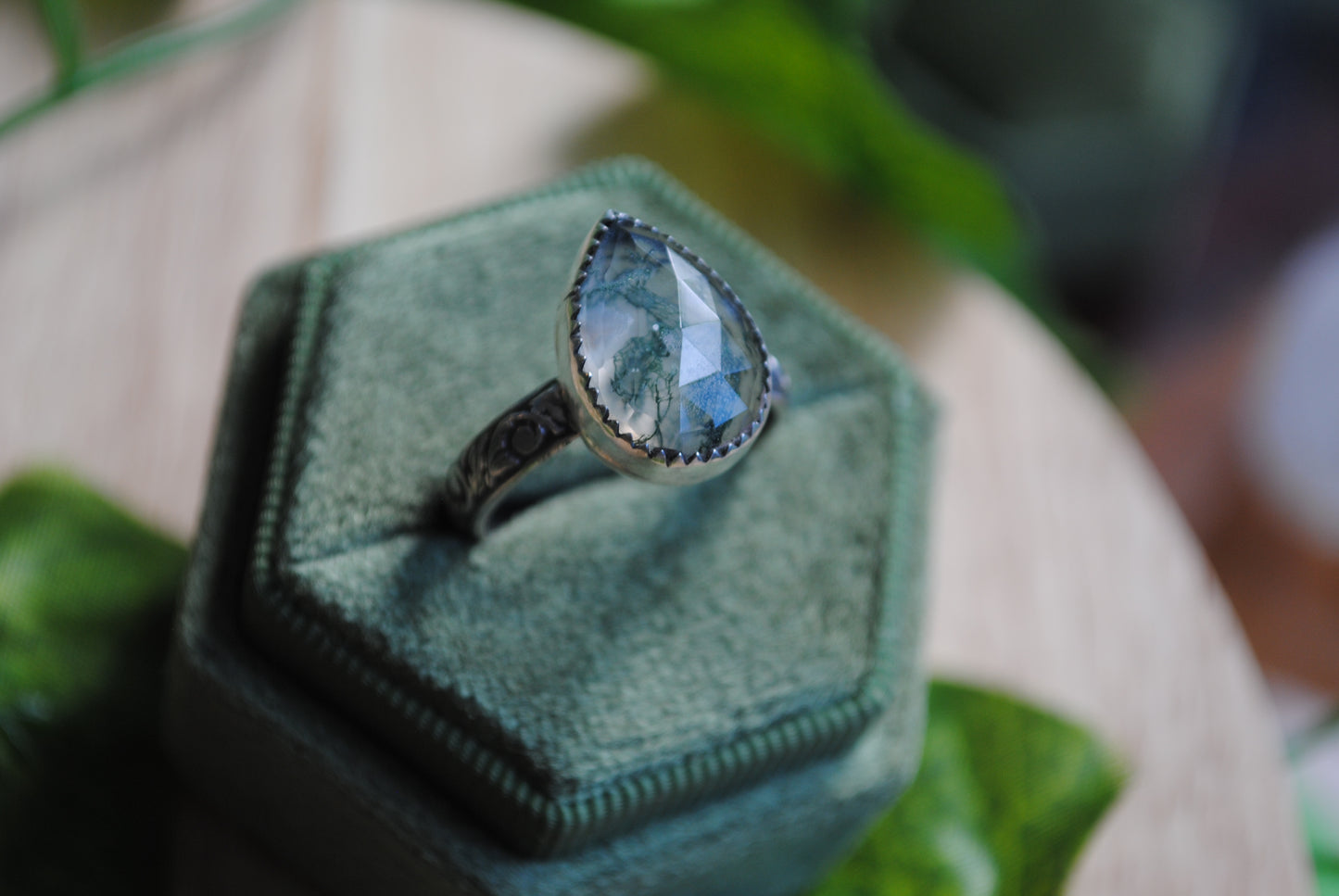 Teardrop Moss Agate Ring