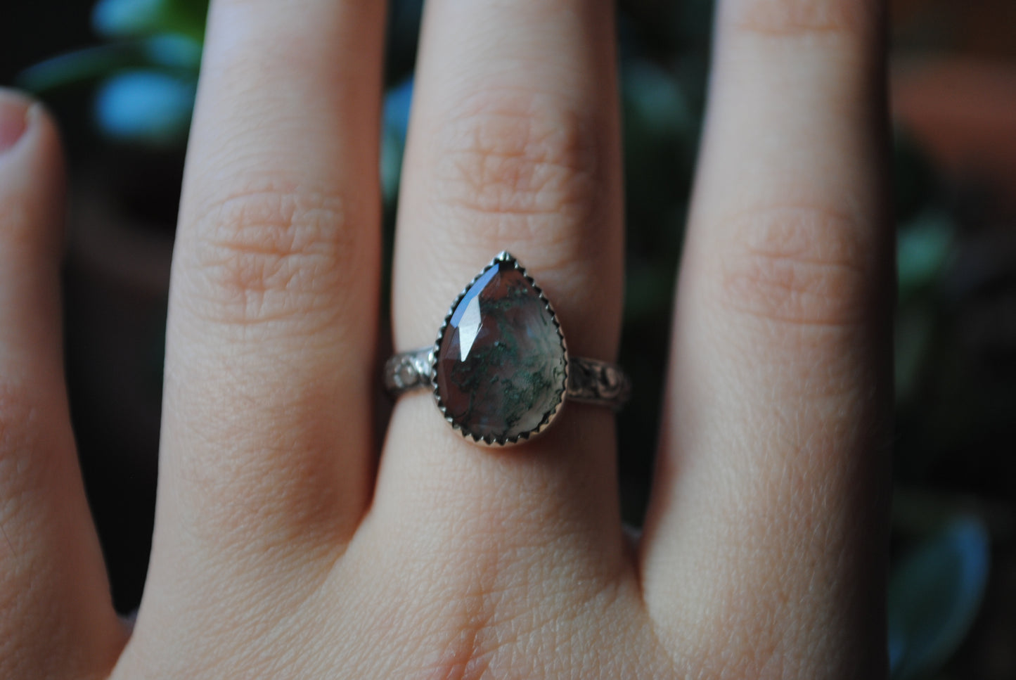 Teardrop Moss Agate Ring