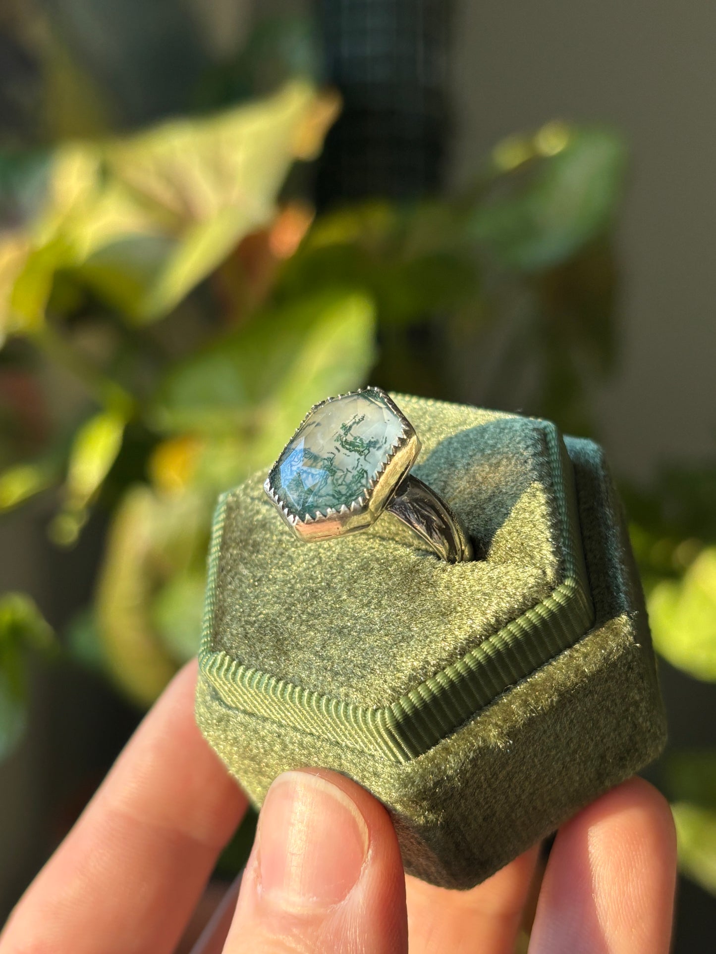 Hexagonal Moss Agate Ring